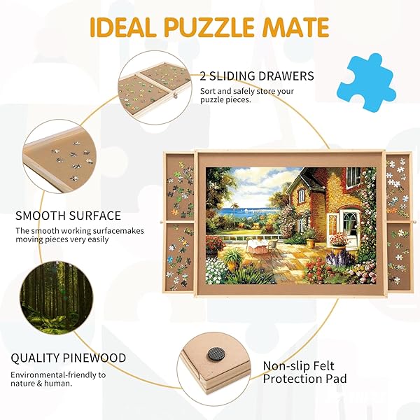 SMALL PUZZLE BOARD WITH LARGE DRAWERS & COVER MAT – PORTABLE 19.3″ X 24.8″ JIGSAW TABLE FOR ORGANIZED PUZZLING – IDEAL FOR SMALL PUZZLES(300-500PCS)