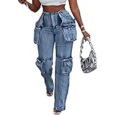 Vaceky Stretch Cargo Jeans Women Straight Leg Side Zipper Slit Denim Y2K Pants with Pockets