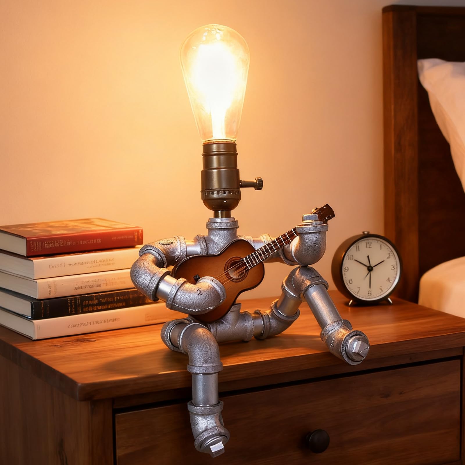 Photo 1 of **DAMAGED PLUG***LCYFBE Music Guitar Table Lamp Art Decor Guitar Stuff Cool Gifts for Music Art Lovers for Men Steampunk Pipe Man Edison Bulb Lamps Retro Guitars Metal Pipe Industrial Robot Lights