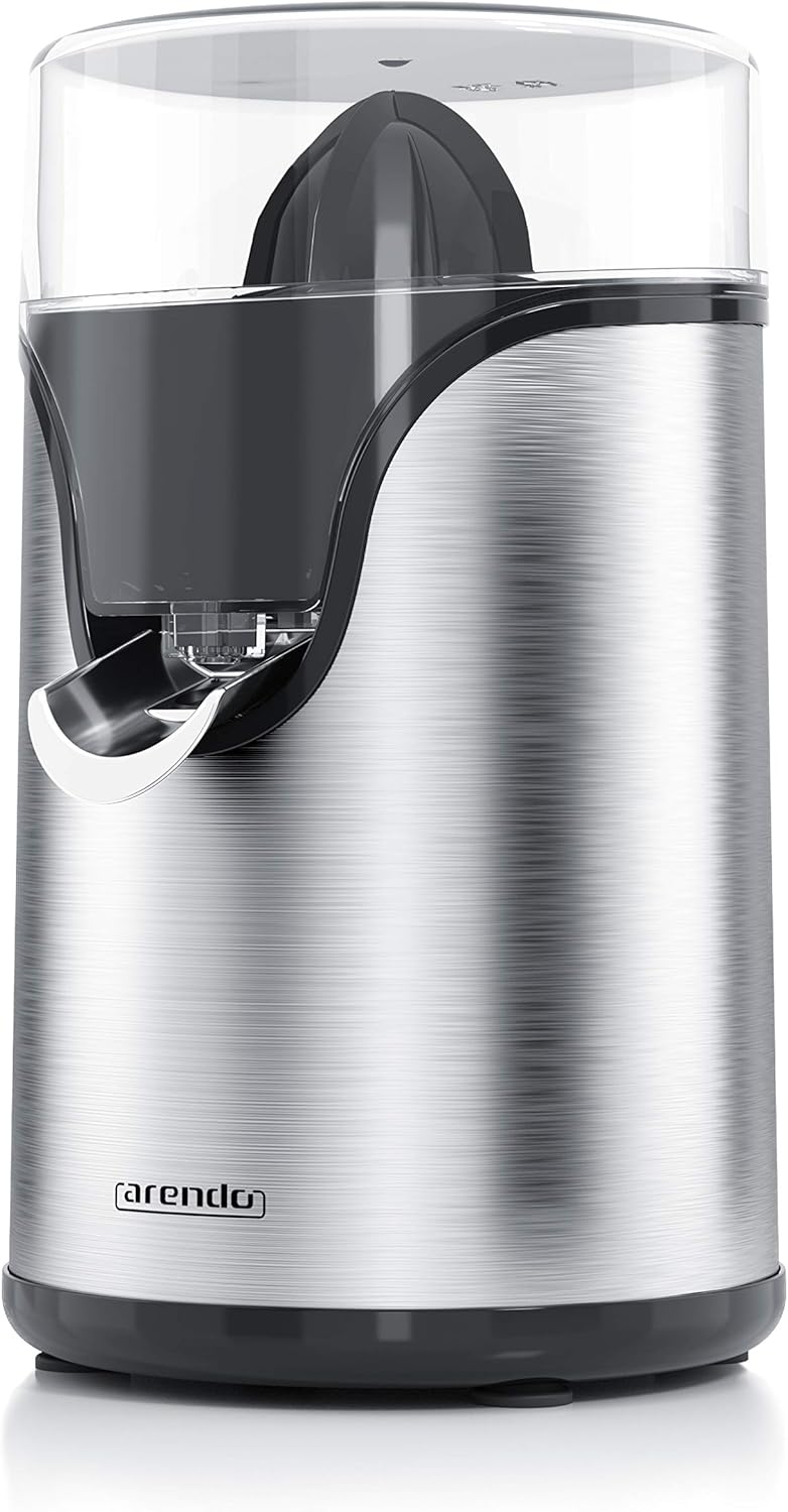 Arendo - Edelstahl Zitruspresse elektrisch - 100 Watt - Zitronenpresse Orangenpresse Limettenpresse - Start-Stopp-Automatik - großer und Kleiner Presskegelaufsatz - Siebeinsatz - BPA frei