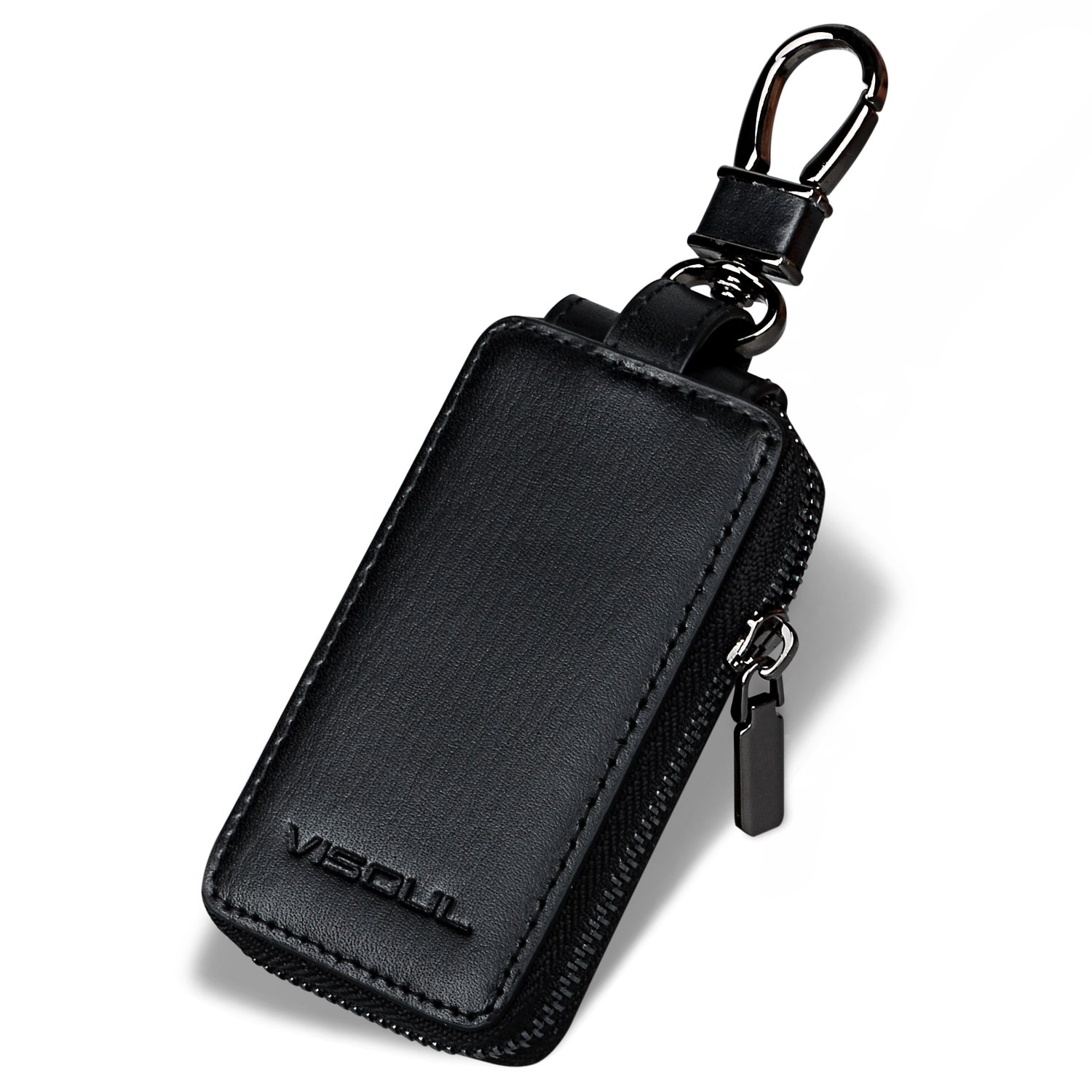 VISOUL Genuine Leather Key Holder Vehicle Car Key Holder Zipper Bag with Keychain, Car Key Cover Anti-Scratch Protectors Universal Auto Key Pouch Carabiner Car Accessories