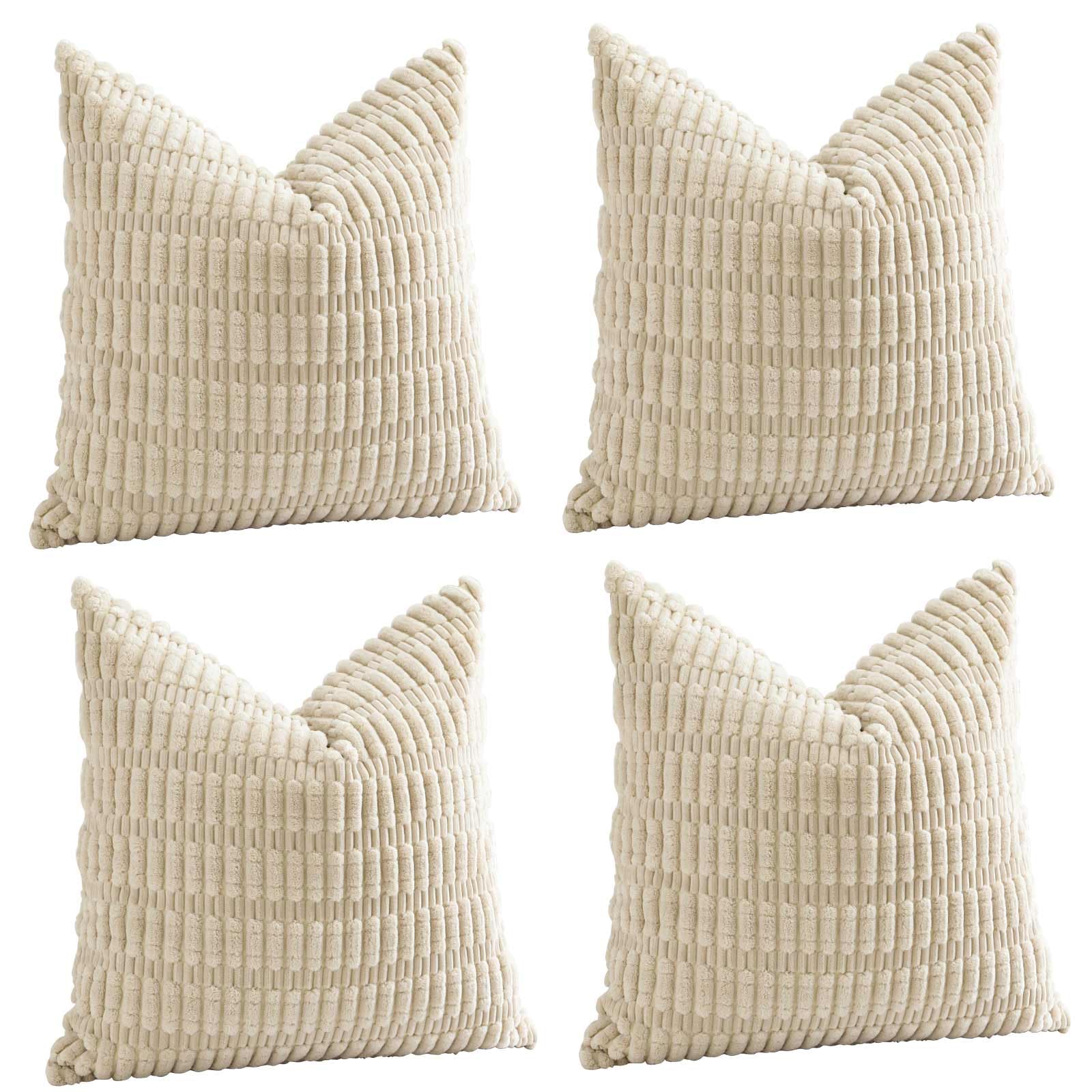 Sungeek Set of 4 Soft Corduroy Decorative Cushion Covers 45x45cm Square Striped Throw Pillow Covers 18x18 Inch for Sofa Couch Living Room Patio Farmhouse Boho Home Decor Pillowcases (Cream)