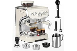 Amaste Espresso Machine with Grinder, 15 Bar Espresso Machine with Steam Wand for Latte and Cappuccino, 68Oz Water Tank, Pre-Infuse Brewing, Espresso Coffee Maker for Home Use, Barista Kit, White