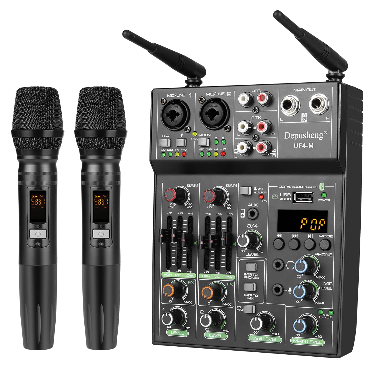 Depusheng UF4-M Studio Audio Sound Mixer Board 4 Channel Bluetooth Compatible Professional Portable Digital DJ Mixing Console with Wireless Microphone Mixing Boards For Studio Recording