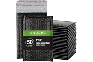Quality Park Bubble Mailers, 4 x 8 Shipping Envelopes, Self-Seal, Small Black Padded Envelopes, Redi-Strip Peel Off Closure, 50 Per Box (1002352)