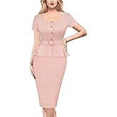 VFSHOW Womens 2024 Business Work Office Square Neck Belted Peplum Buttons Slim Bodycon Sheath Dress