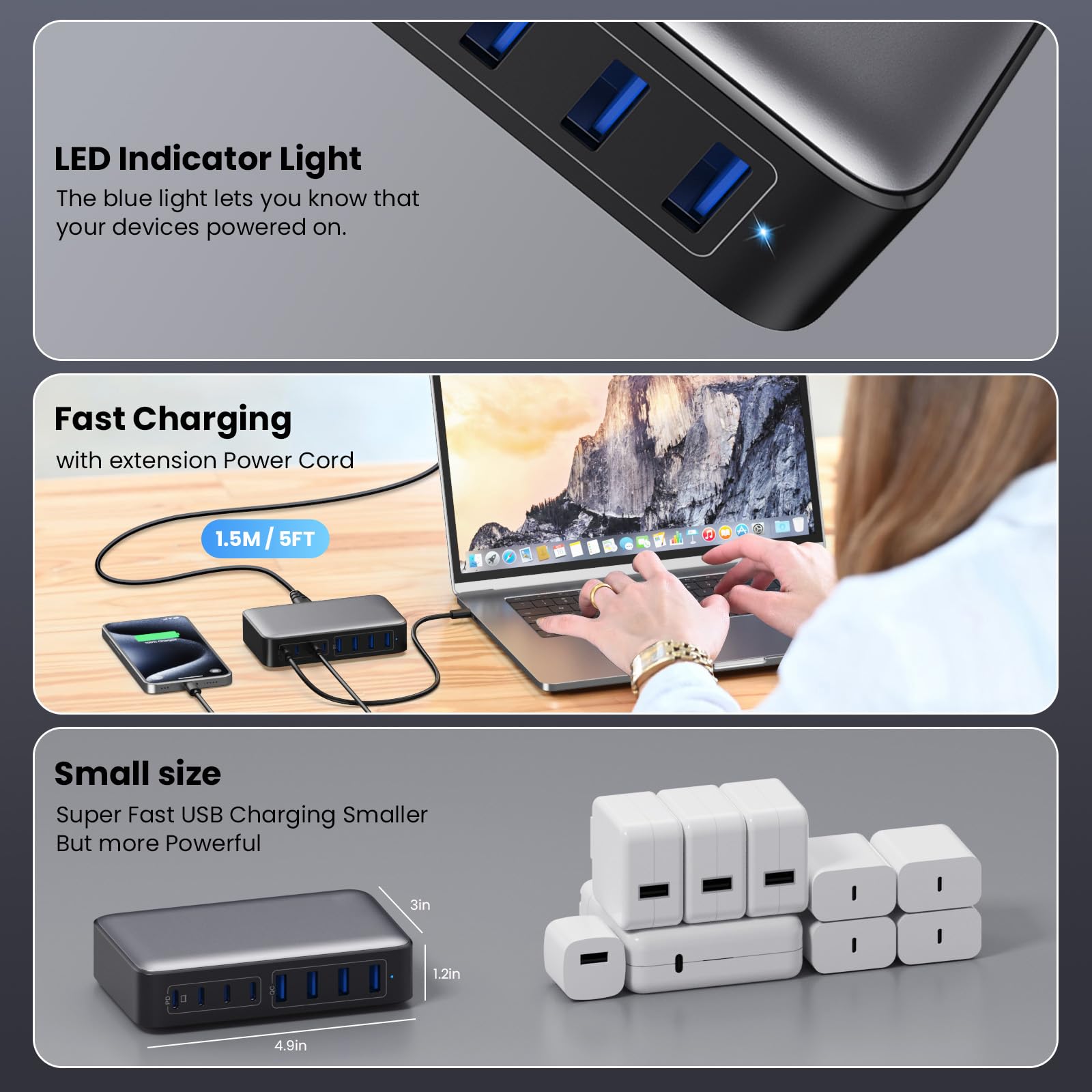 USB C Charger 200W USB C Charger Block,Upgraded GaN III 8-Port Fast Charging Station Hub,PD 65W Laptop Charging Adapter Compatible with MacBook Pro/Air,DELL,Steam Deck,iPhone 16/15/14,Galaxy S23/22