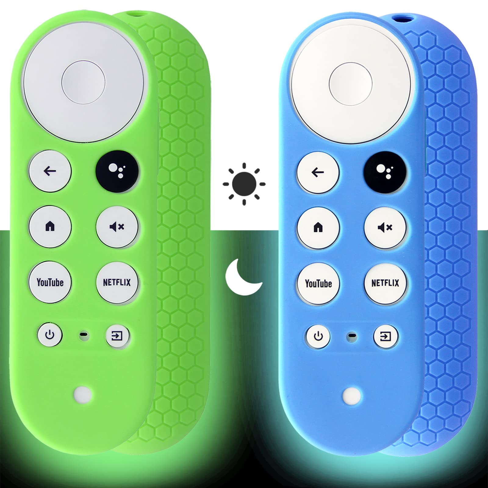 2pcs Remote Cover (Glow in the Dark) Compatible with 2020 Chromecast with Google TV Voice Remote, Pinowu Anti Slip Shockproof Silicone Case Cover (Green and Blue)
