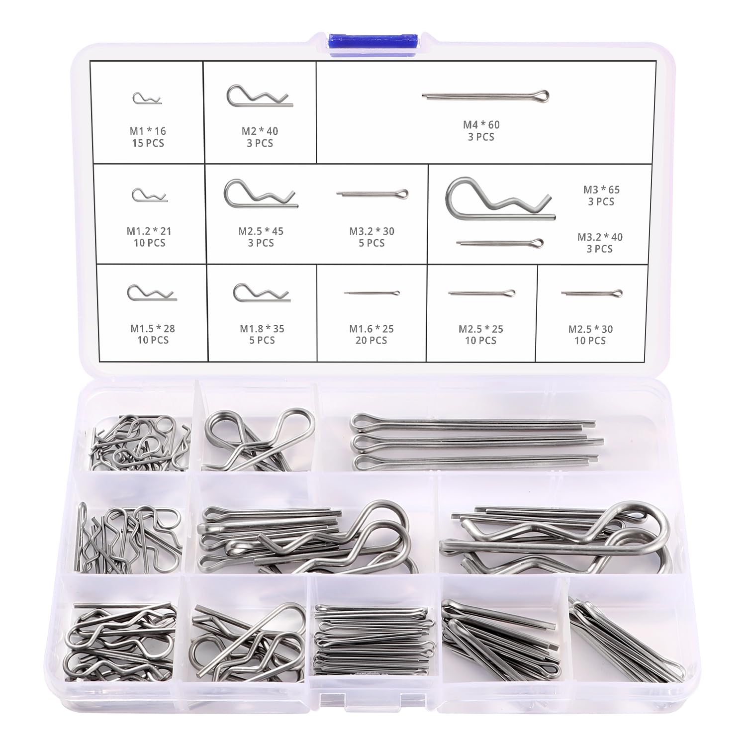 VooGenzek 100 PCS 13 Sizes Stainless Steel Cotter Pins Assortment Kit, R Clips, Hitch Pin Fastener Clips, for Automotive, Mechanics, Car Garage, Workshop