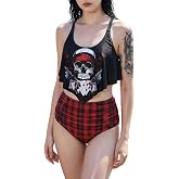 DRESSFO Gothic Skull Tankini Bikini Set | Soft Stretch Swim Fabric, Padded Wire-Free Tops, High-Waisted Two-Piece, Beach Pool Day Ready