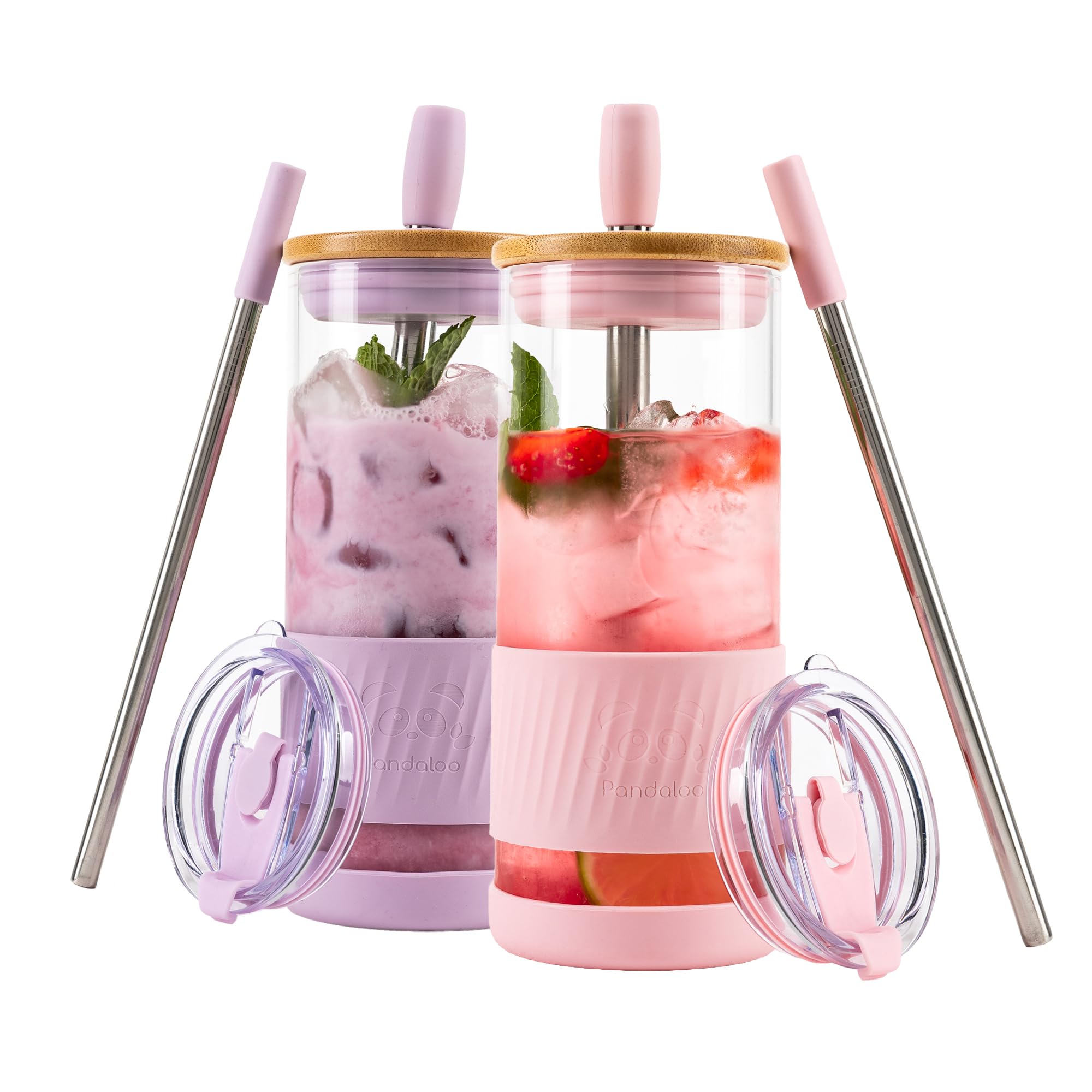 View 1 of ***PARTIAL SET/ ONLY 1 CUP*** Pandaloo® Glass Cups With Lids and Straws -20 Fl Oz- Perfect Size Iced Coffee Cup - Smoothie Cup With Bamboo Lid and On the go Lid - Glass Tumbler (2 Count (Pack of 1), Lilac-Pink)