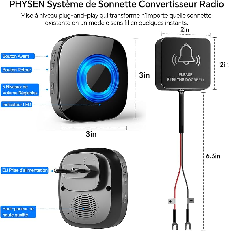 Relais de Signal Sans Fil, WET03B kit d’Extension Carillon Sans Fil, Compatible avec Toutes les Sonnettes Blink, 58 Mélodies & 5 Niveaux de Volume, 1 Convertisseur et 1 Récepteur