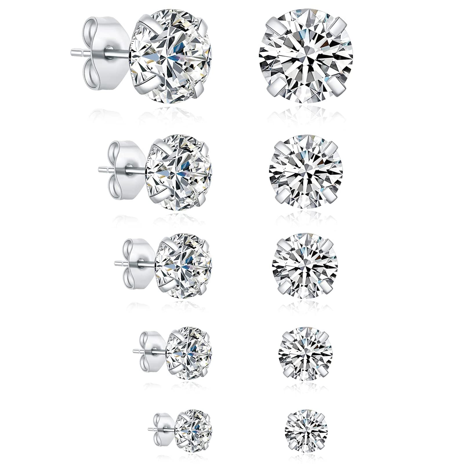 Stainless Steel Silver Stud Earring for Women, 5Pairs Men's Diamond Stud Earrings, Surgical Steel Hypoallergenice Earrings, Titanium Silver Earrings Set, Cubic Zirconia Stud Earrings — image 1