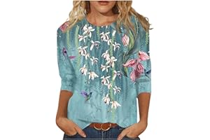 FLEKMANART Womens Tops 3/4 Sleeve Summer Ethnic Floral Slim Cute Tops Crewneck Slim Fit Half Sleeve Tshirts Shirts Spring Blouse