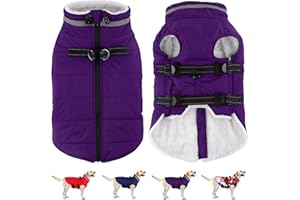 Dogcheer Dog Coat with Harness, Waterproof Dog Jacket Adjustable Pet Winter Coat with Zipper, Christmas Puppy Snow Jacket Fleece Sweater for Small Medium Large Dogs - Purple M