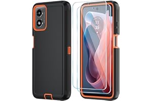 Qinmay Phone Case for Motorola Moto G Play 2024 4G Case with HD Screen Protector, Heavy Duty Shockproof & Dropproof 3-Layer Cover Phone Case for Moto G Play 2024 (BlackOrange)