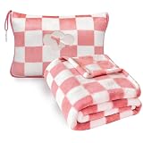 Travel Blanket and Pillow Compact, Premium Soft 2 in 1 Airplane Blanket with Soft Bag Pillowcase,Hand Luggage Sleeve and Backpack Clip (Ckeckered Pink)