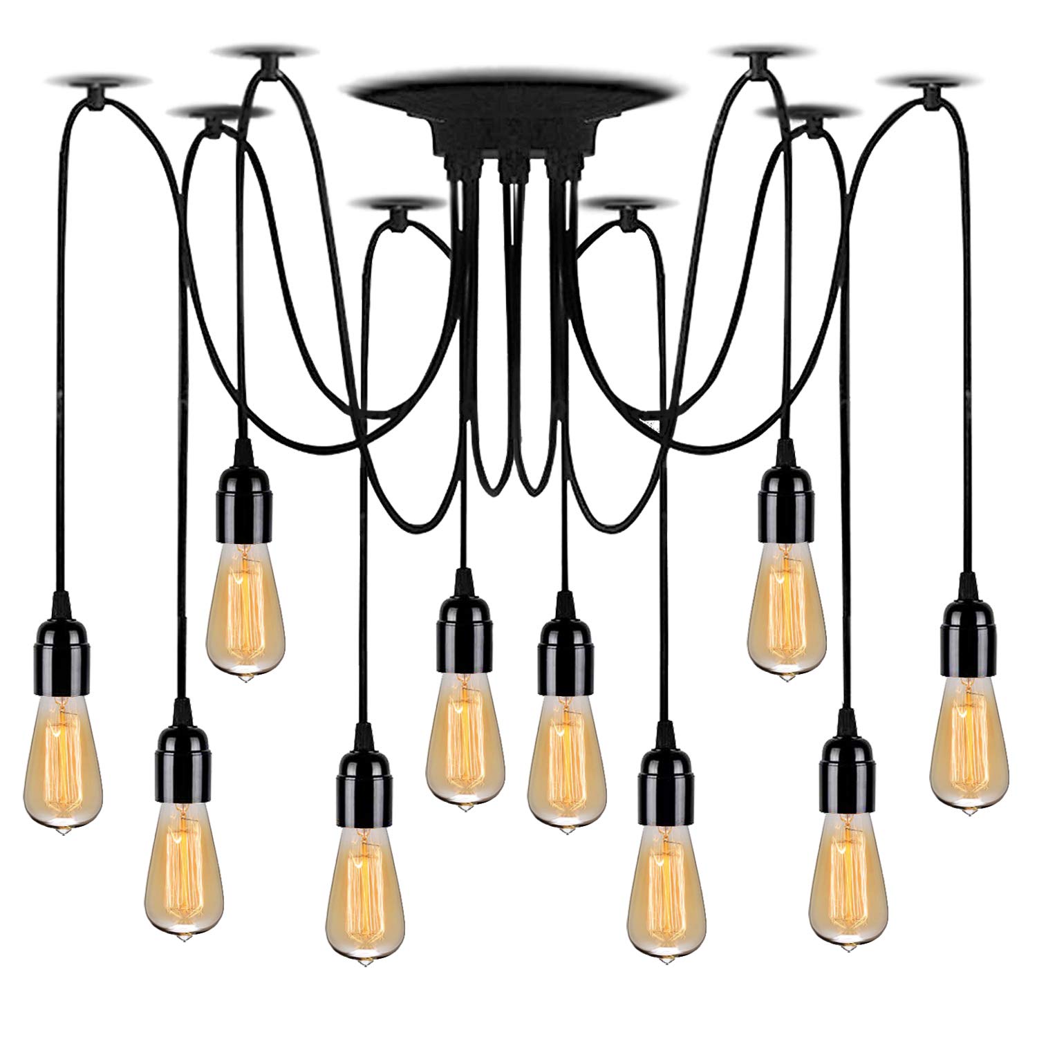Lightsjoy 10 Heads Spider Light Black Industrial Ceiling Lights DIY Multiple Pendant Light Fitting e27 Vintage Chandelier for Kitchen Hanging Drop Light Loft Hall Living Room Pendant Lamp