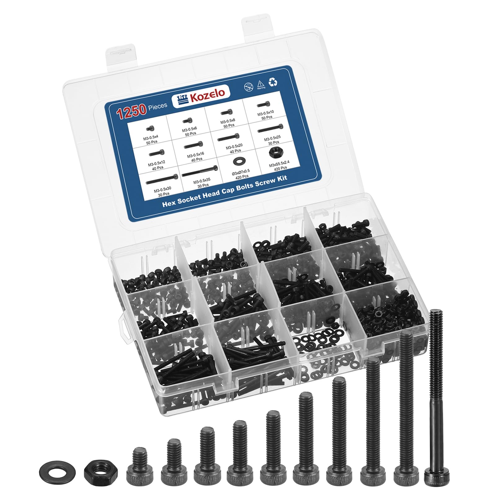 Kozelo 1250pcs M3 Socket Head Cap Screws Bolts Nuts Assortment Kit - [M3x4/6/8/10/12/16/20/25/30/35mm] Alloy Steel Fully Threaded Black Oxide 12.9 Internal Hex Screw for 3D Printer Use — image 1
