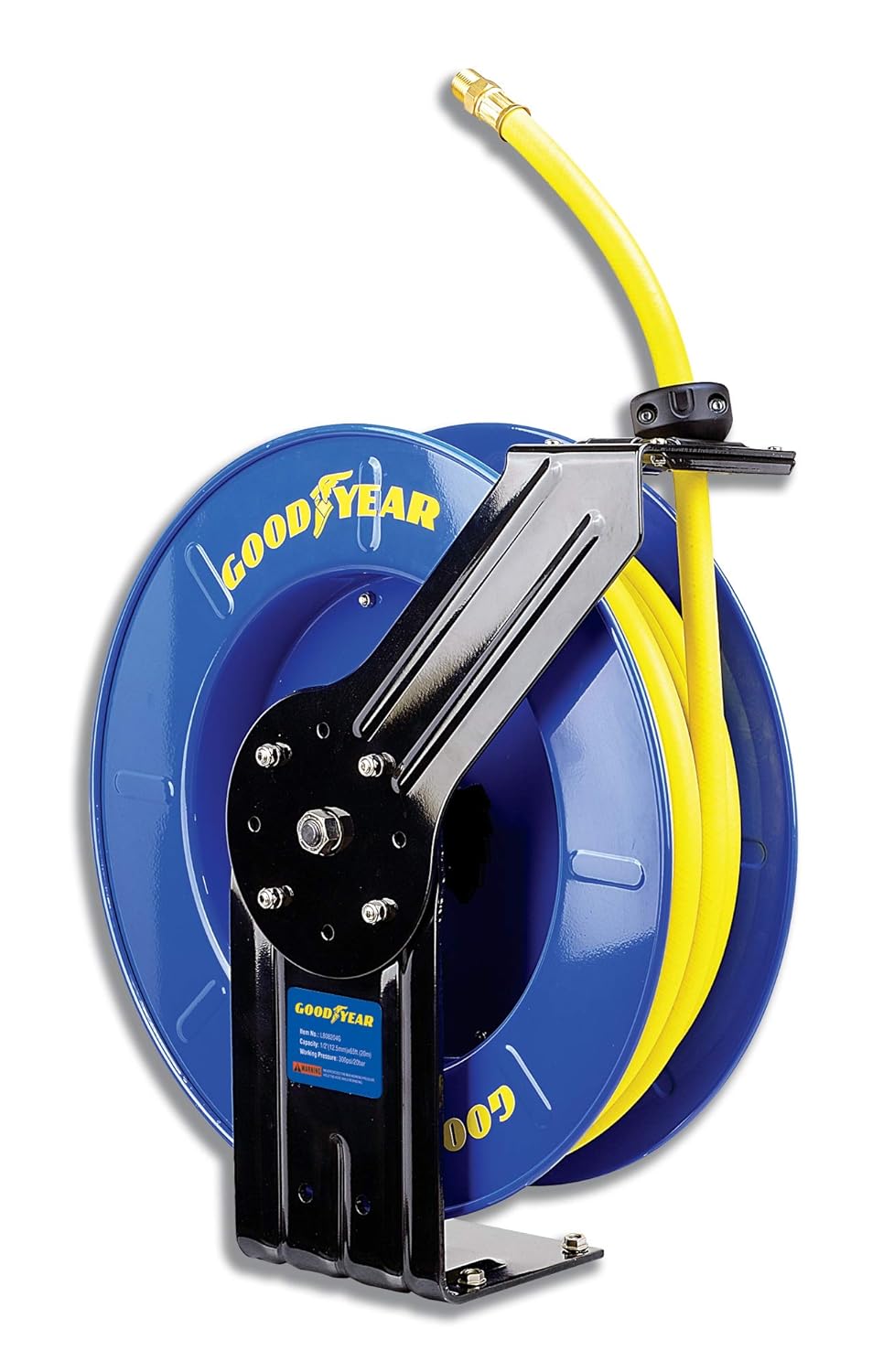 GOODYEAR Air/Water Hose Reel Retractable Spring Driven 3/8" Inch x 65' Feet Extra Long Premium Commercial SBR Hose Max 300 Psi Reinforced Steel Construction Heavy Duty Industrial Single Arm & Base