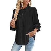 Bsubseach Women Puff Long Sleeve Shirt Textured Button Down Cotton Work Blouse Eyelet Ruffle Collar Dressy Casual Tops