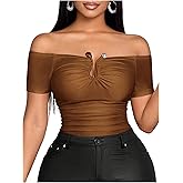 WDIRARA Women's Plus Size Off Shoulder Short Sleeve T Shirts Cut Out Ruched Slim Fitted Top