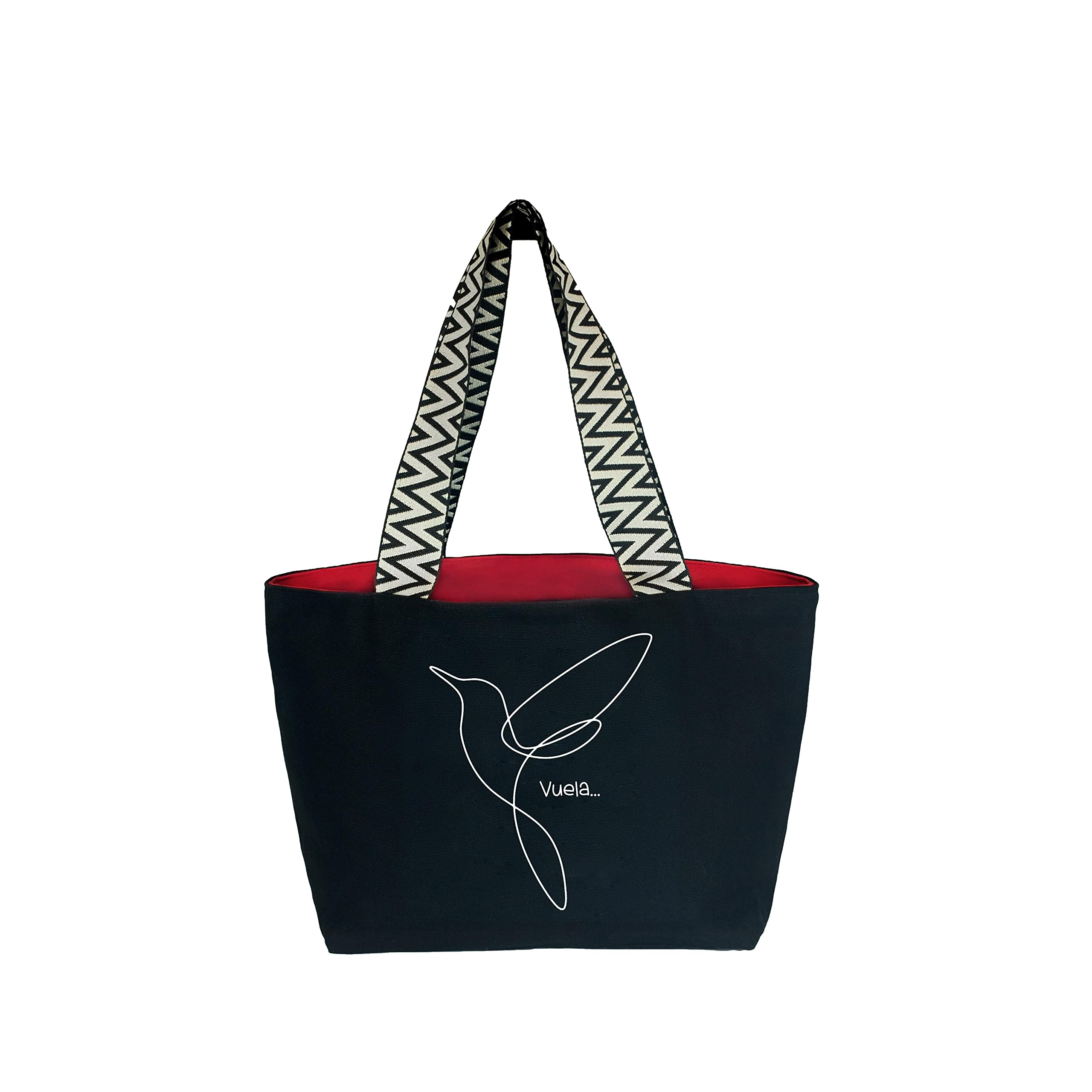 hello-bags. Premium canvas bag for women. With external zip and zipped pocket inside. Includes a red, premium canvas lining. Gift presentation. Colour: Ecru/Black. 19.68 x 11.81 in.