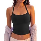 Tank Top Built in Bra for Women - Sports Yoga Workout Tops Crop Halter Neck | Womens Padded Sport Back Bras Cami Athletic Gym Cropped Tanks - Summer Spaghetti Strap Woman Backless Running Camisole