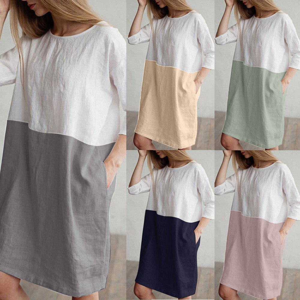 POTO Women Dresses, Loose Color Stitching Casual Dresses with Pockets Cotton Linen Tunic Dress Party Dress Beach Dress