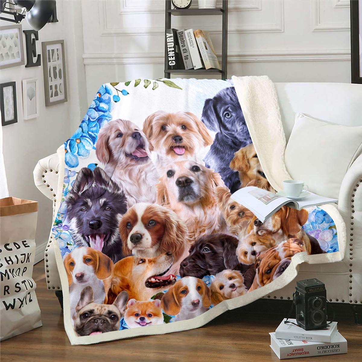 Dog Plush Blanket Kids Cute Cartoon Pug Dogs Collage Super Sherpa Blanket Pet Puppy Animal Design Fleece Throw Blanket Various Puppy Bulldog Pattern Fuzzy Blanket for Sofa Bed Couch,Single 50x60 Inch …