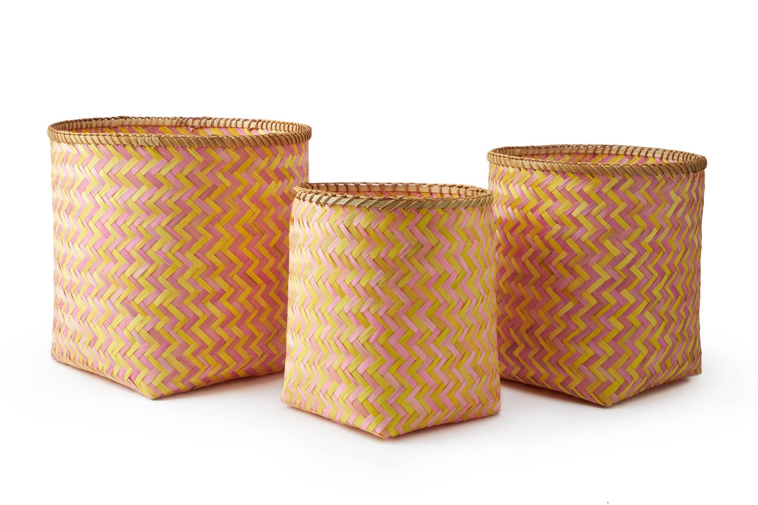 Black Velvet Studio 3 Baskets set Hanoi Pink/Yellow colour Twisted design, light and fresh Bamboo 42x34x34 cm