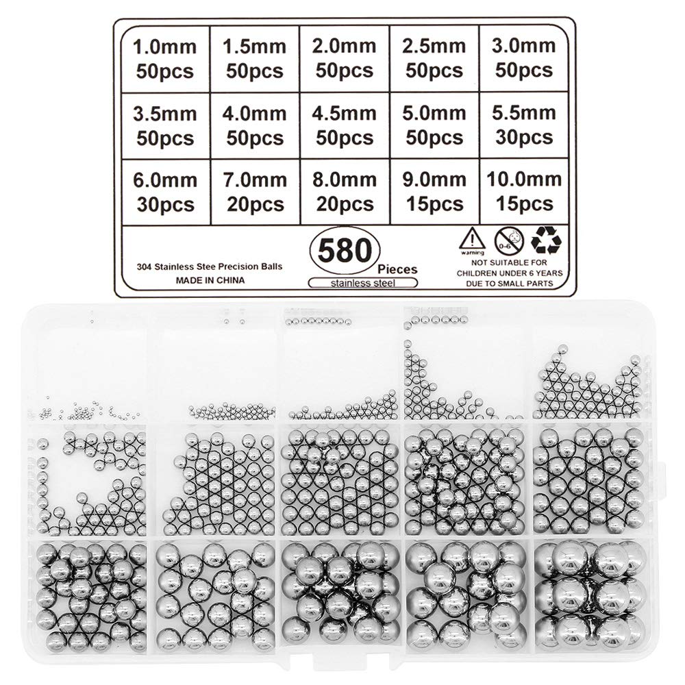 Yuhtech 580 Pcs 15 Size Bearing Balls Stainless Steel, Precision Balls 1mm-10mm for Bicycle Wheel, Skateboard Bearings