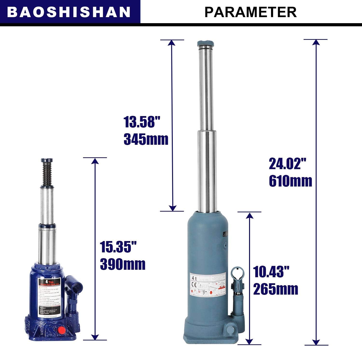 BAOSHISHAN 4 Ton Double Ram Bottle Jack High Lift Hydraulic Jack 10-5/8" to 24-1/8" Lifting Range: Home Improvement