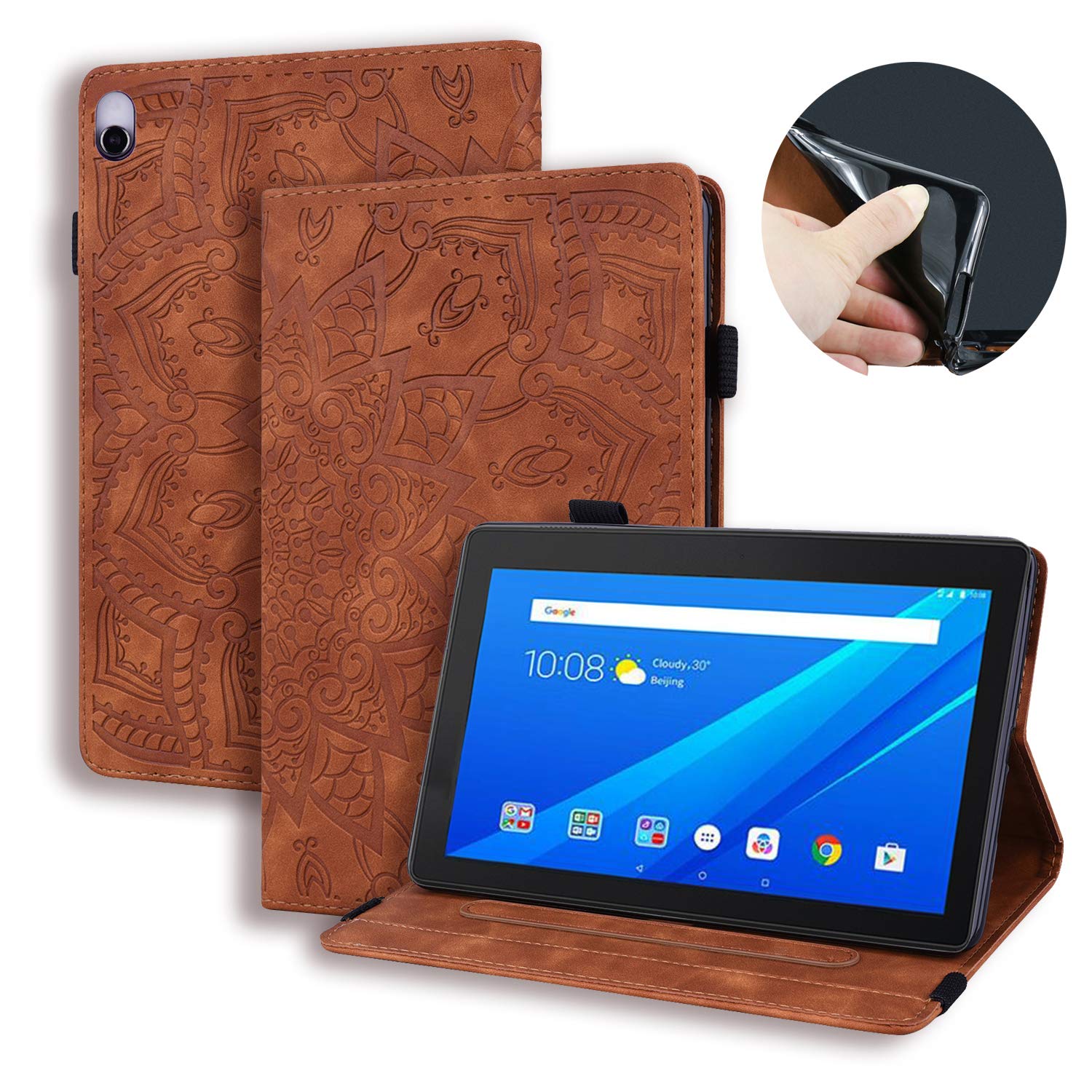 Aswant lenovo tab M10 / P10 Case PU Leather Mandala Flower Embossed Cover Wallet Stand Function Tablet Case For Lenovo Tab M10(TB-X605L/X605F) / M10 HD(TB-X505L/X505F) / P10(TB-X705F/X705L) - Brown