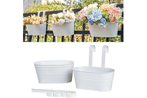 pansparade 3 Pack Metal Hanging Flower Pots for Railing Fence，Outdoor Balcony Rail Planter with Detachable Hooks Drainage Holes for Deck Garden Home Decor White