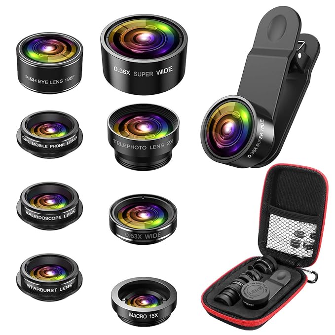 AMIR Kit Objectif Téléphone 8 en 1, Zoom Téléobjectif + 198 ° Fisheye + 0,36X Super Grand Angle + Macro Objectif + Macro Objectif, Clip sur l'objectif Smartphone pour Smartphones