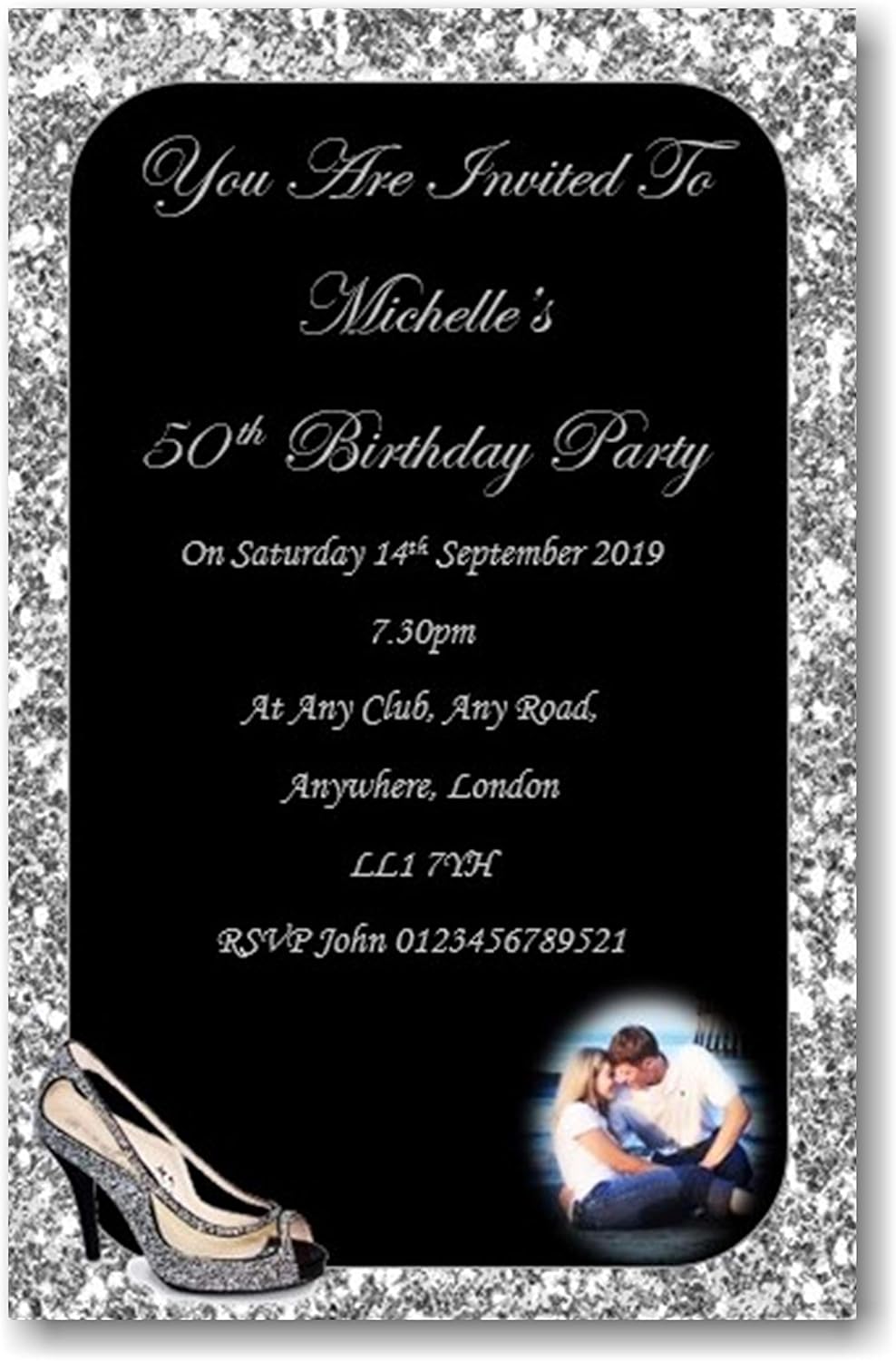 Personalised Birthday Party Black & Silver Invitations, Invites, Complete with envelopes Ref B59