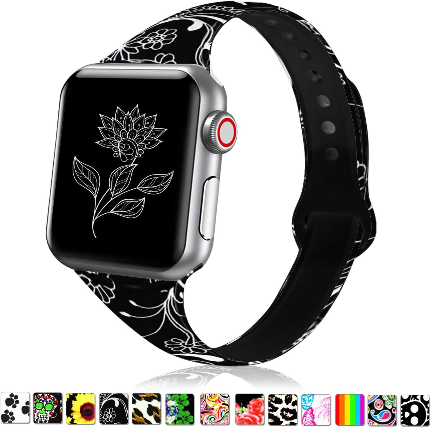 Elaikement Floral Bands Compatible with Series 5 4 3 2 1, 38mm 40mm 42mm 44mm,Silicone Narrow Slim Sport Band Fadeless Pattern Printed Replacement Wristband S/M M/L for Women Men Kids