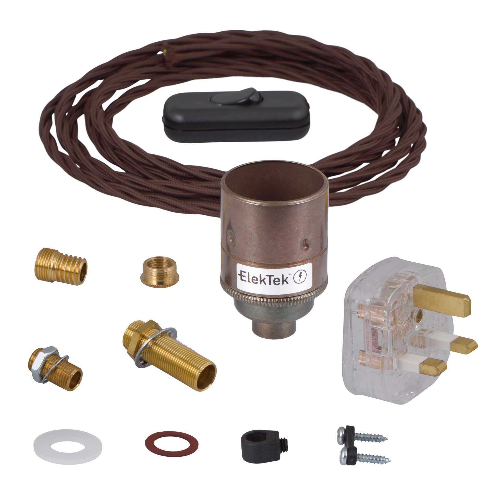 ElekTek UK E27 Lamp Refurbishment Fixing Kit, Antique Brass Plain Edison Lamp Holder, Inline Rocker Switch, Extensive Fittings Pack 13A Plug (3A Fuse) Brown Twisted Braided Fabric 3-Core Lighting Flex