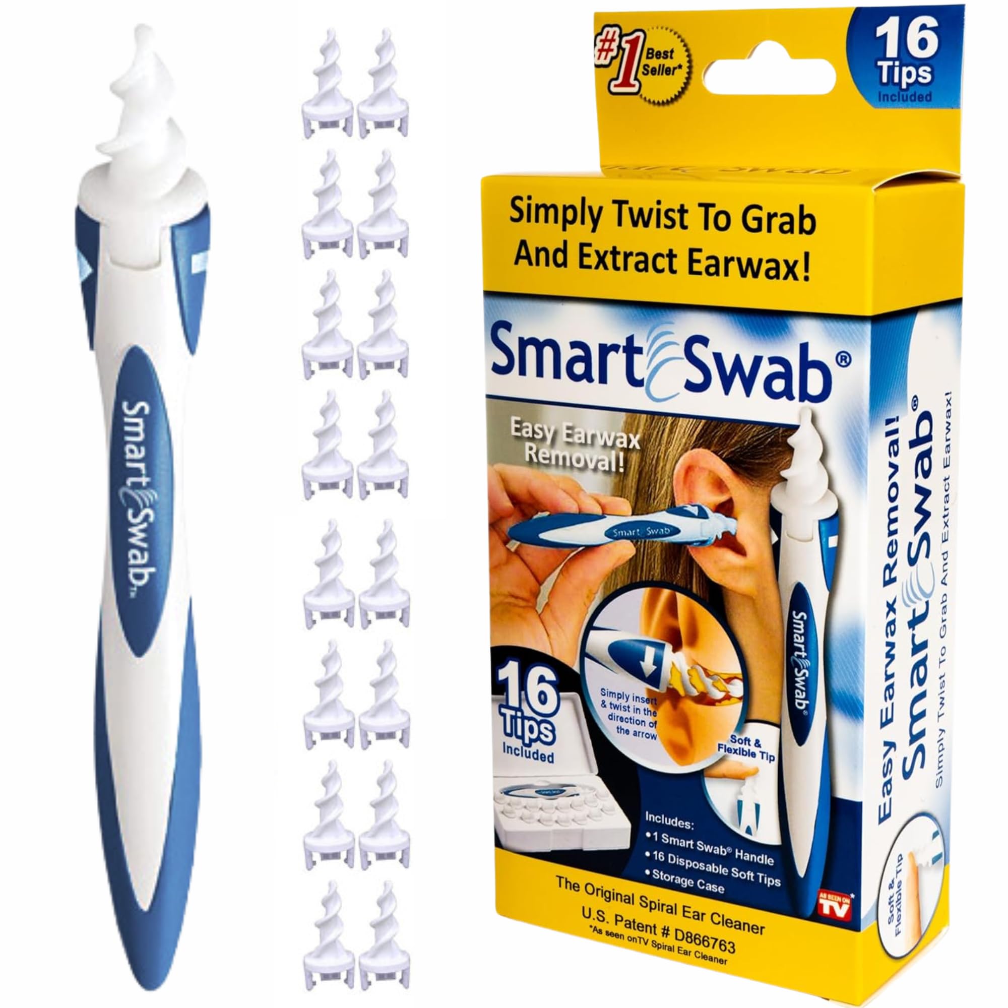SMART SWAB Ear Wax Removal Tool | Spiral Ear Cleaner | Earwax Cleaning Kit | 16 Soft & Flexible Replaceable Silicone Tips | Safe & Reuseable Ear Wax Remover |