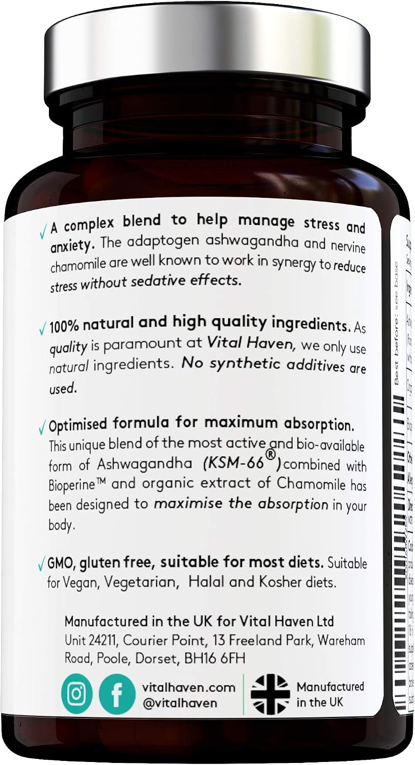Vital Haven Ashwagandha KSM-66 (600mg) + Chamomile (150mg) Supplement with BioPerine - UK Made, 60 count (Pack of 1) - Image 4