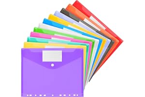 Vobou 12 Pack Plastic Envelopes Binder Pocket 11 Holes Expandable Binder Folders for 2/3/4 Ring Document Pouch, Snap Button and Lable Poly Envelopes for Home and Office, 12 Assorted Color