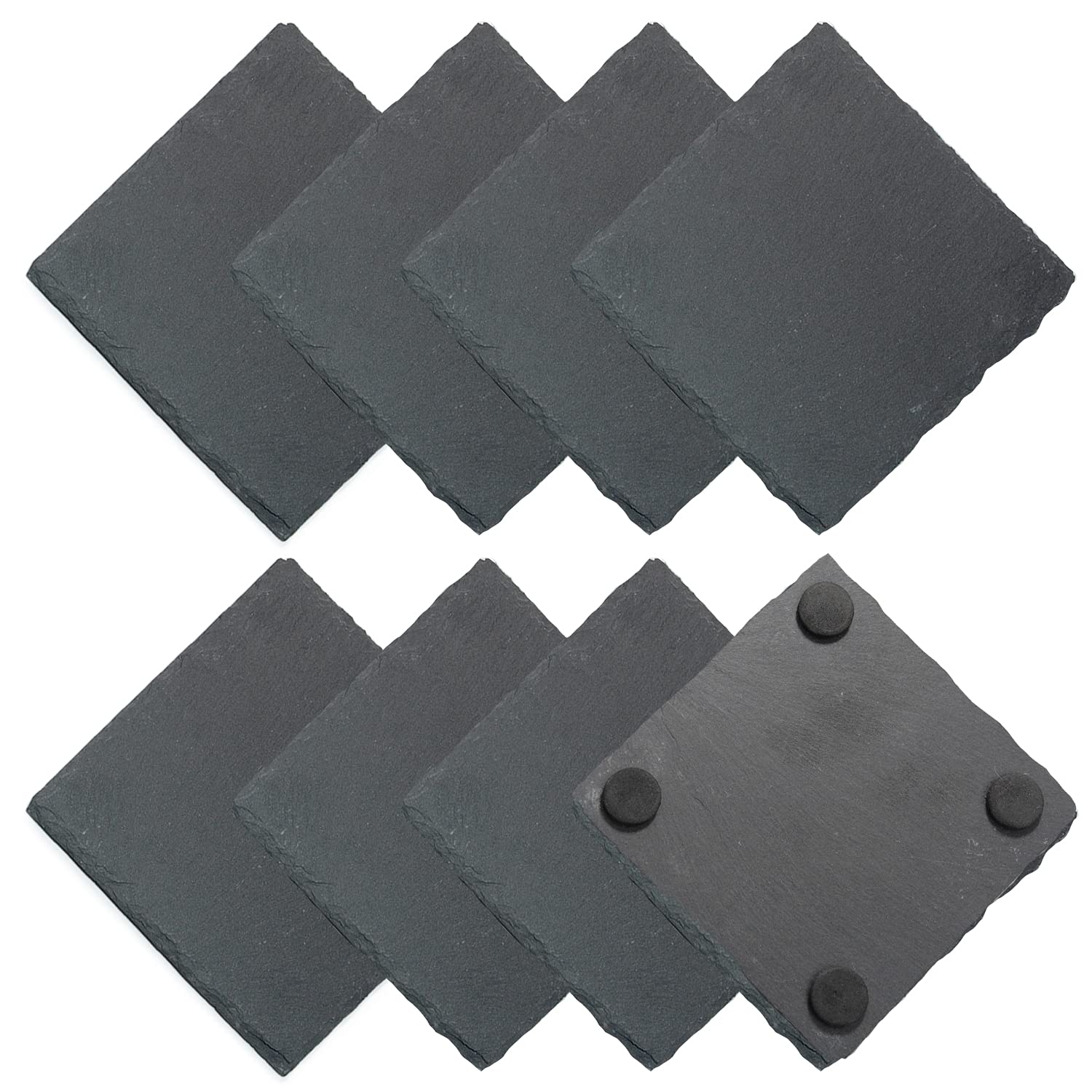 aleawol 8 Pcs Natural Slate Coasters 4 Inch Drink Black Square Handmade Coasters Cup Pad Mat Drink Placemats Non Slip for Coffee Beer Mug Wine Glass