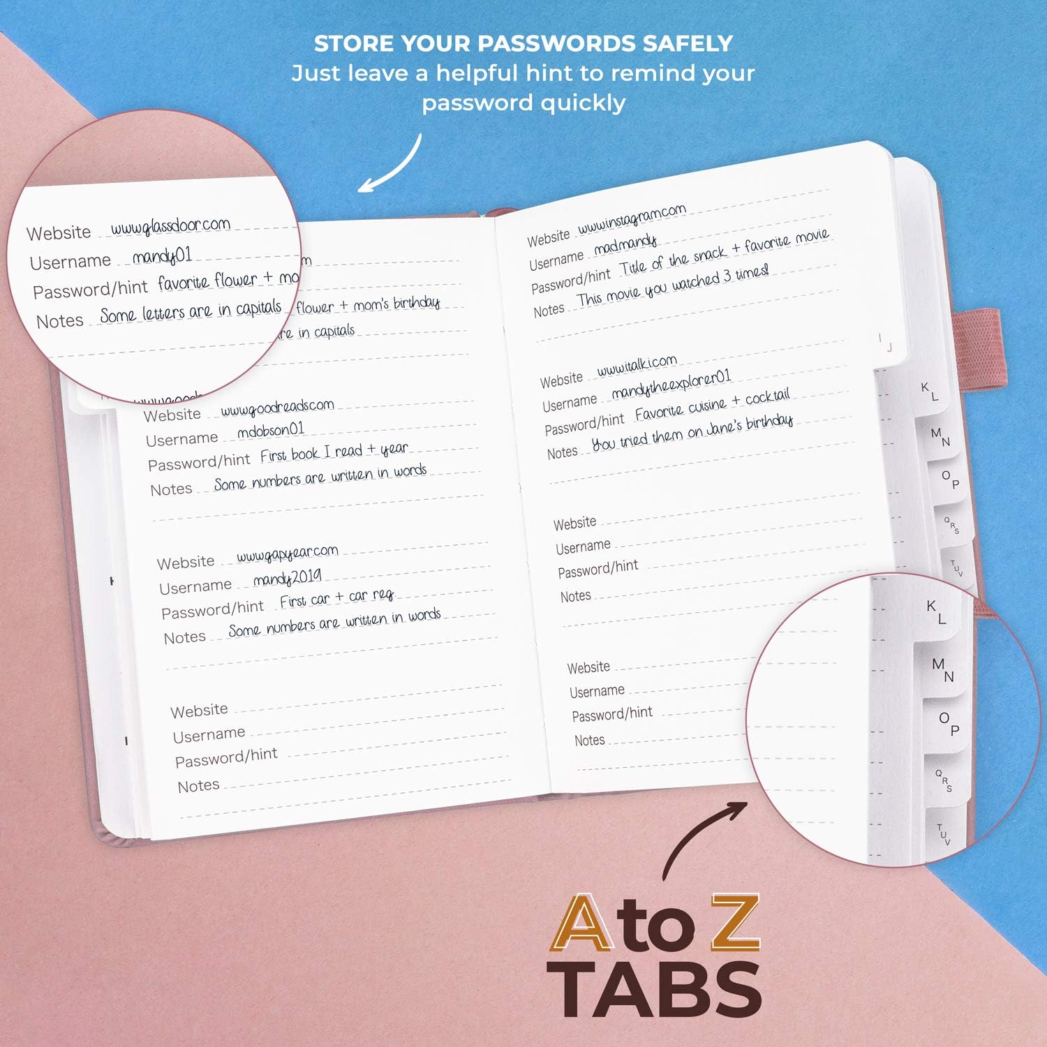 Clever Fox Password Book with alphabetical tabs. Internet Address Organizer Logbook. Medium Password Keeper for Website Logins (Rose Gold) - Image 3