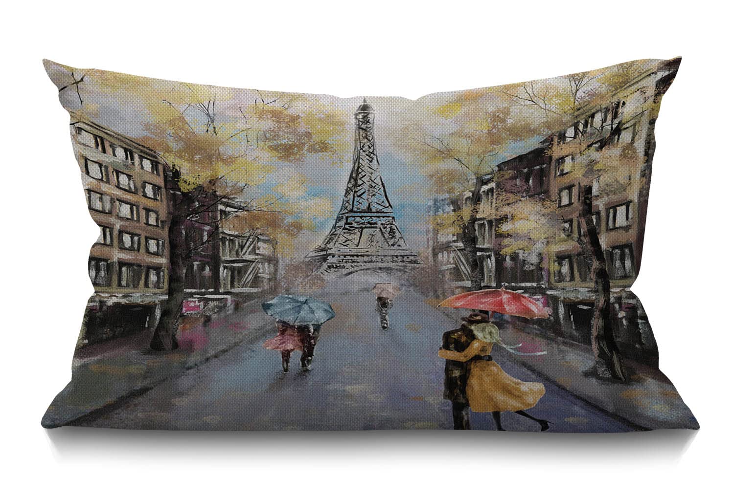 Paris Cushion Cover 12x20 Inch Oil Painting Autumn Lovers Kiss on Rainy France Street Eiffel Tower Rectangle Pillow Cases Home Decorative Cotton Linen Throw Pillow Cover for Bed Sofa 30 x 50 cm