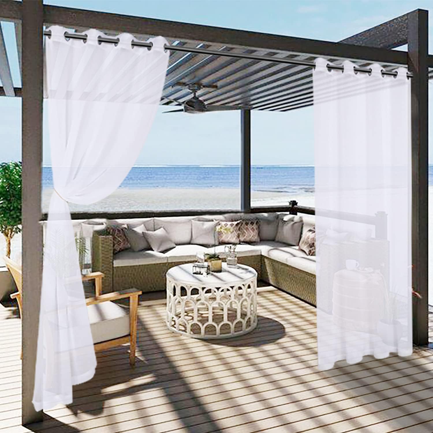 Outdoor Curtains - LORDTEX Waterproof Indoor/Outdoor Curtains for Patio, White, 54 x 84 inch, 2 Panels - Outdoor Sheer Curtains Grommet Voile Drapes for Living Room, Bedroom, Pergola, Porch, Deck, Lanai, and Cabana
