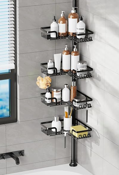 KEGII Telescopic Shower Caddy Corner Shelf 4 Baskets Black No Drilling