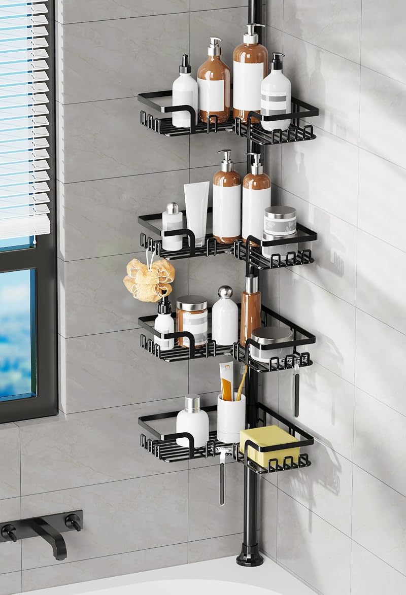 KEGII Telescopic Shower Caddy Corner Shelf 4 Baskets Black No Drilling
