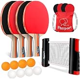 FBSPORT Ping Pong Paddle Set, Table Tennis Set with 4 Rackets and 8 Balls, Retractable Net with Storage Bag - Pingpong Paddle Accessories for Indoor/Outdoor Games
