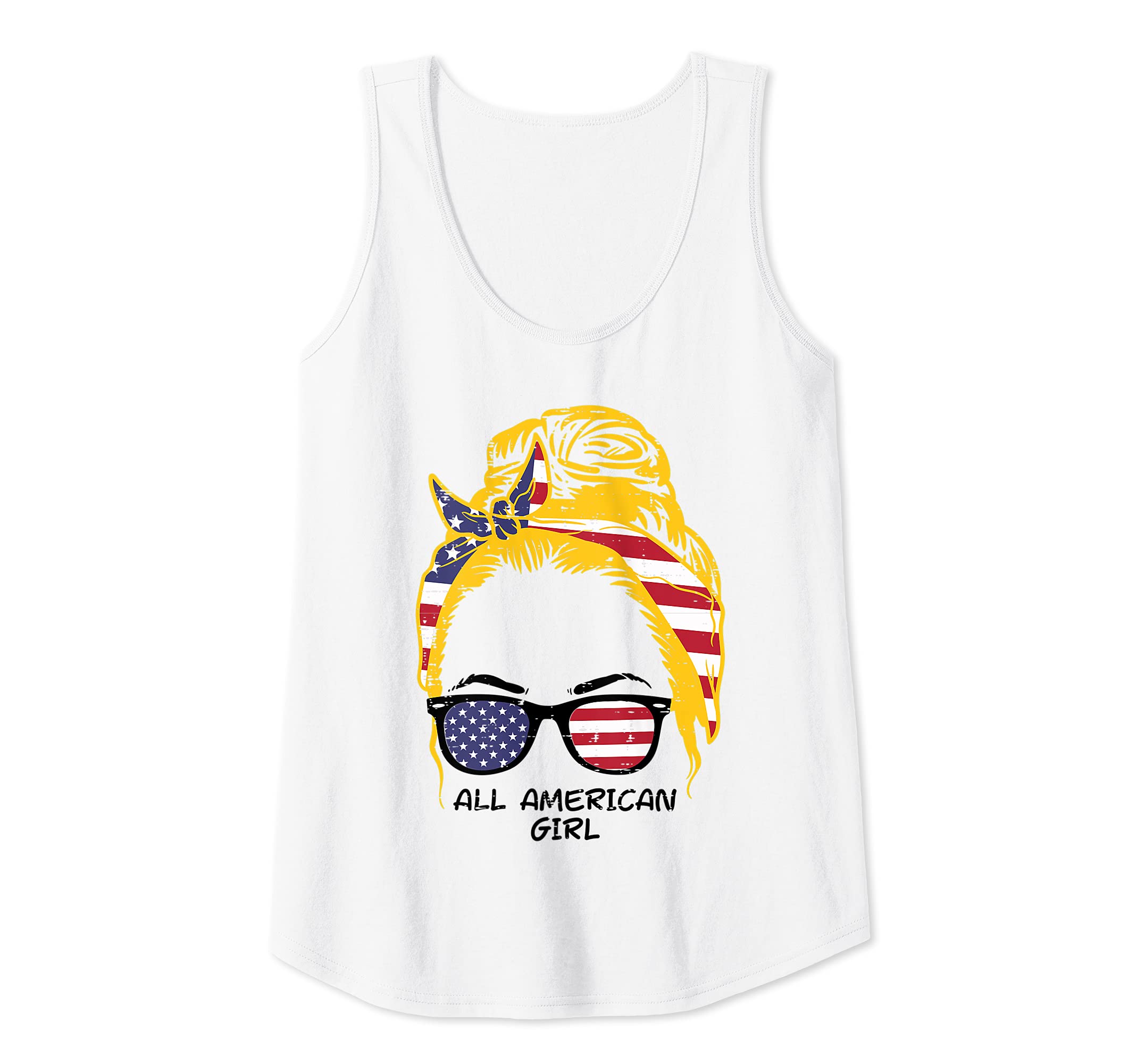 Womens All American Girl Blonde Hair Bun US Flag 4th Of July Women Tank Top